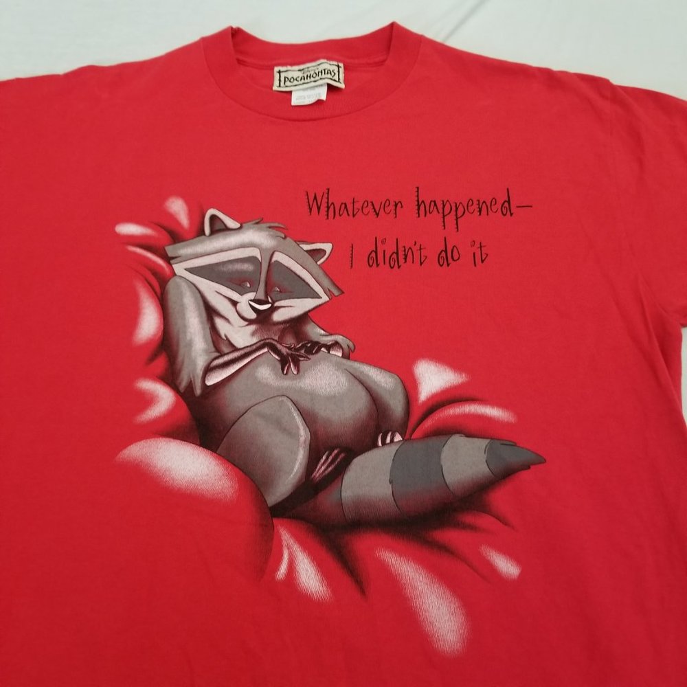 Vintage 90s Disney Pocahontas Meeko Raccoon T Shirt Red Movie Promo Size XL